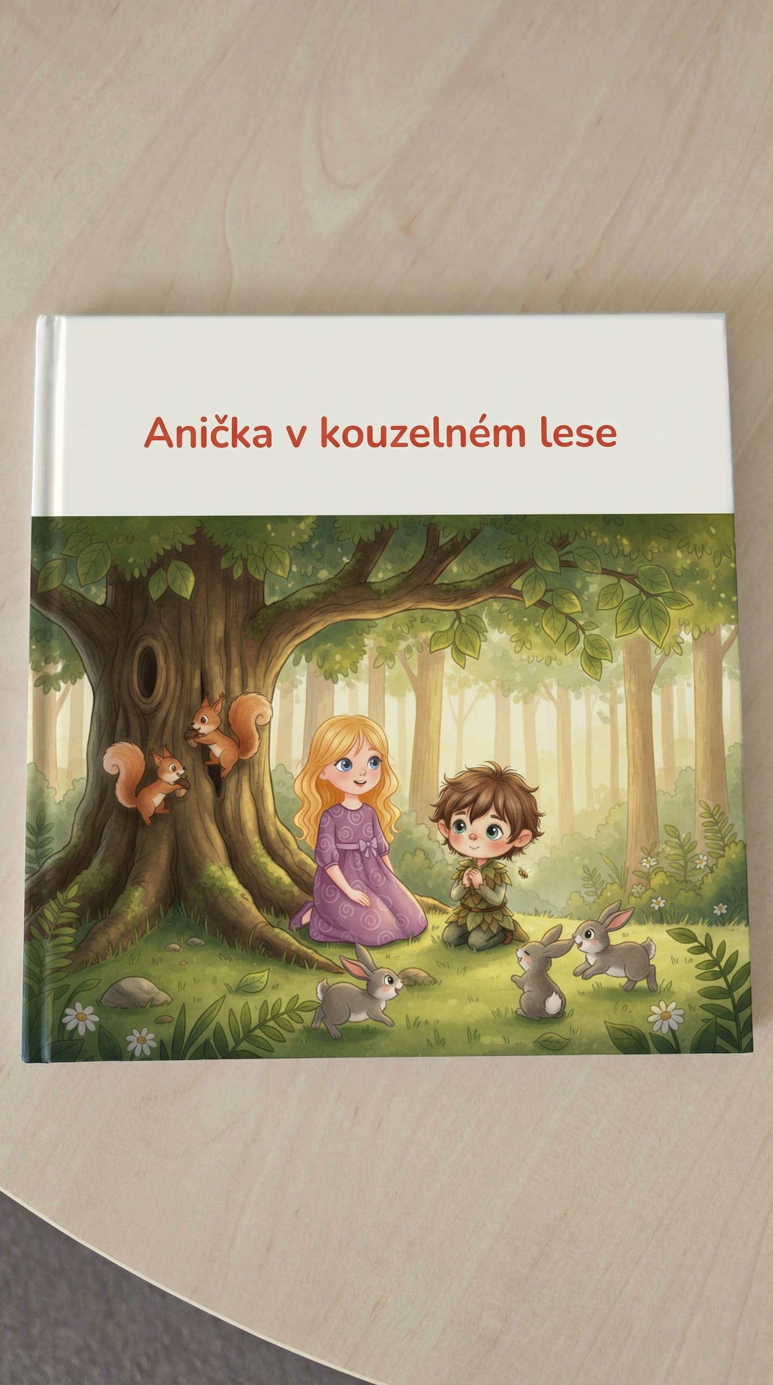 Ilustrace dívky a skřítka v lese